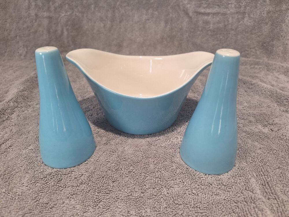 Vintage Mid Century Modern Blue Ceramic Salt Pepper & Bowl Set Atomic Retro